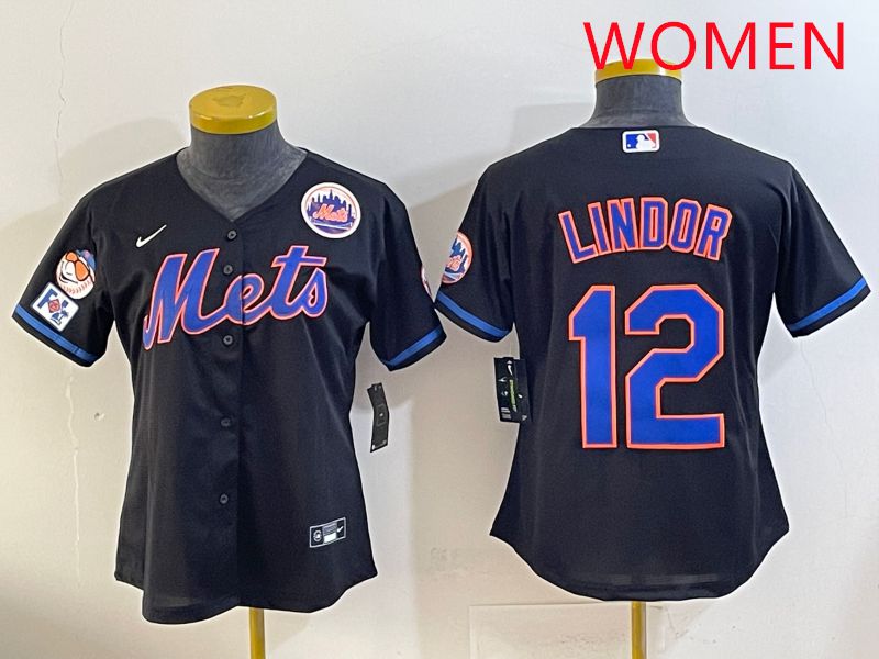 Women 2025 New York Mets #12 Lindor Black Game Nike MLB Jersey style 12